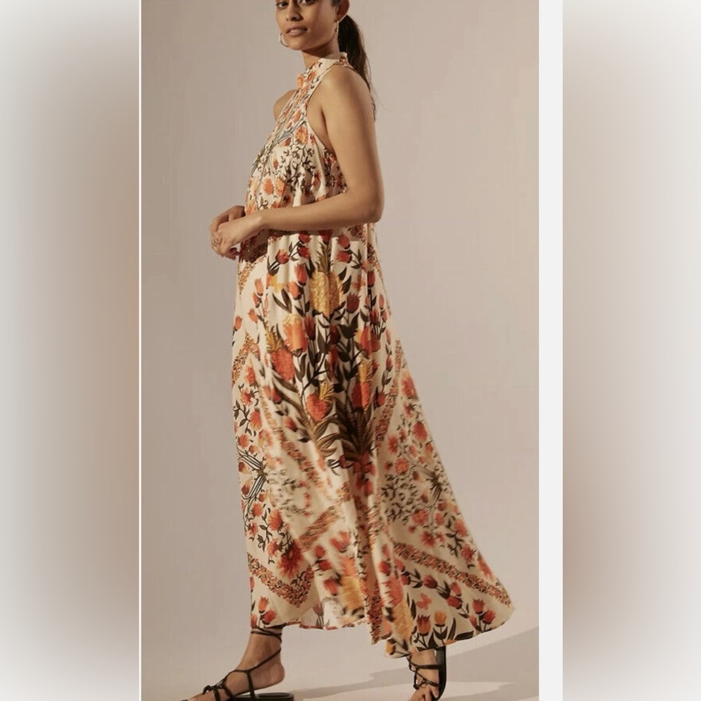 Anthropologie Farm Rio Halter Maxi Dress Abstract Botanical, pockets, Large NWT